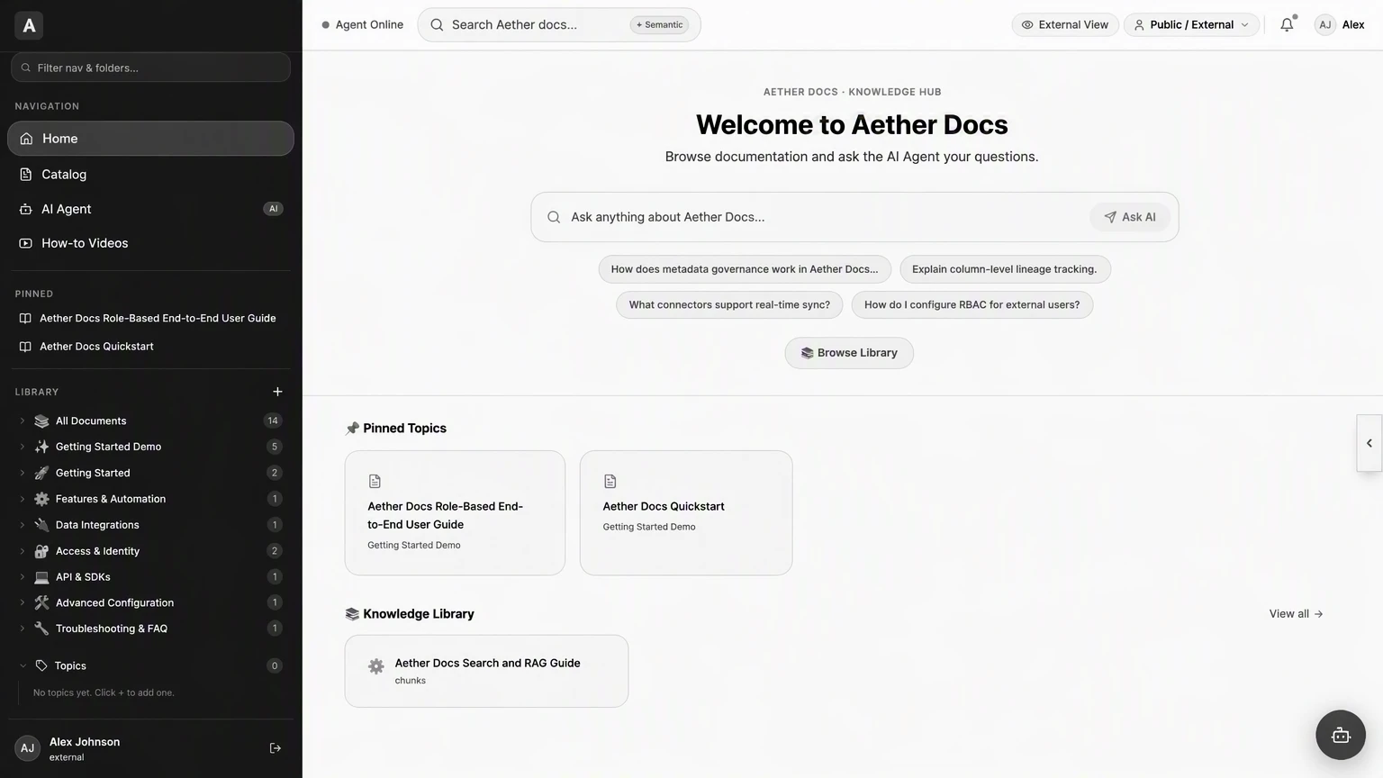 Aether Docs sample authoring and intelligent knowledge platform dashboard
